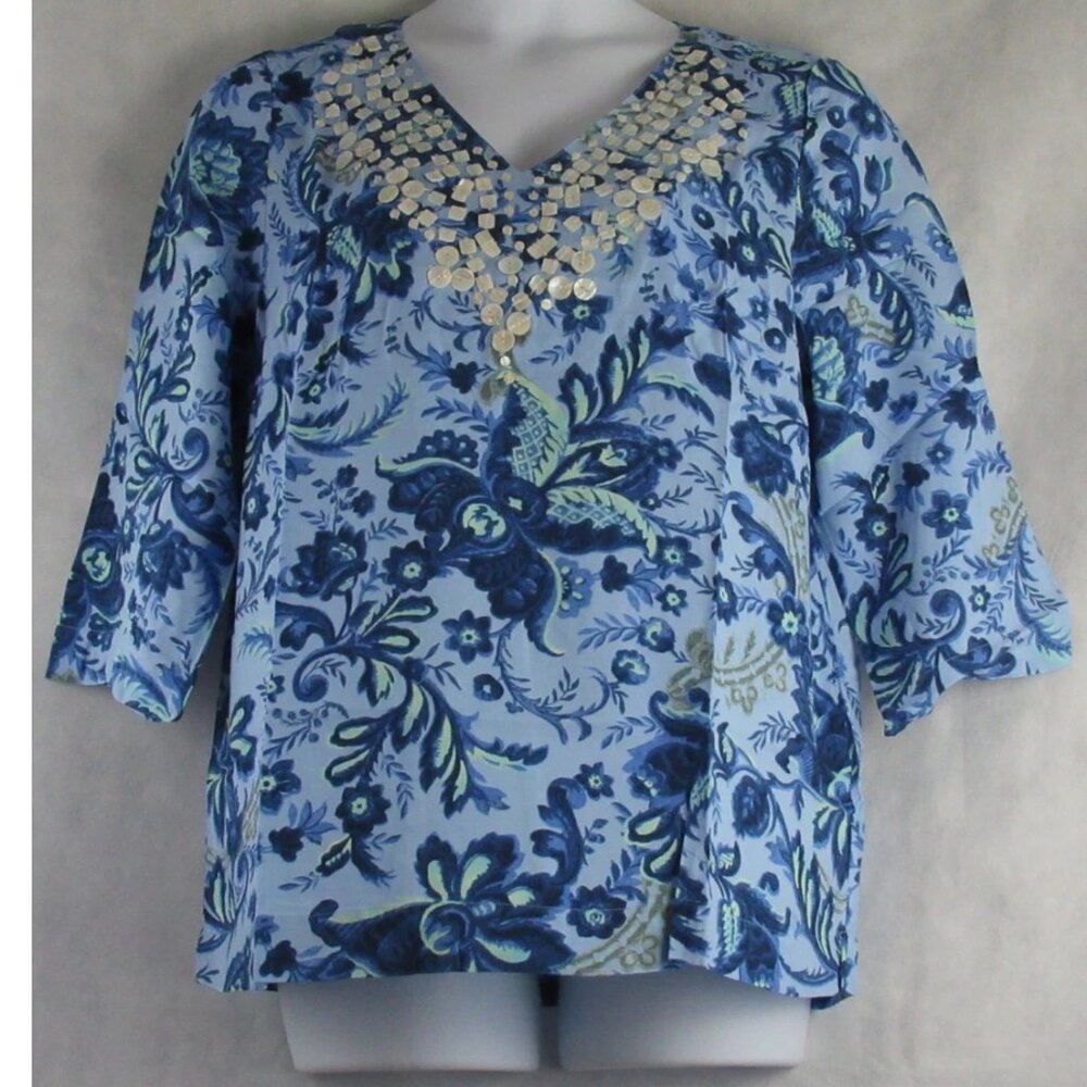 JM Collection Women's Embellished Rayon 3/4 Sleeve Pullover Top, Blue, Large
